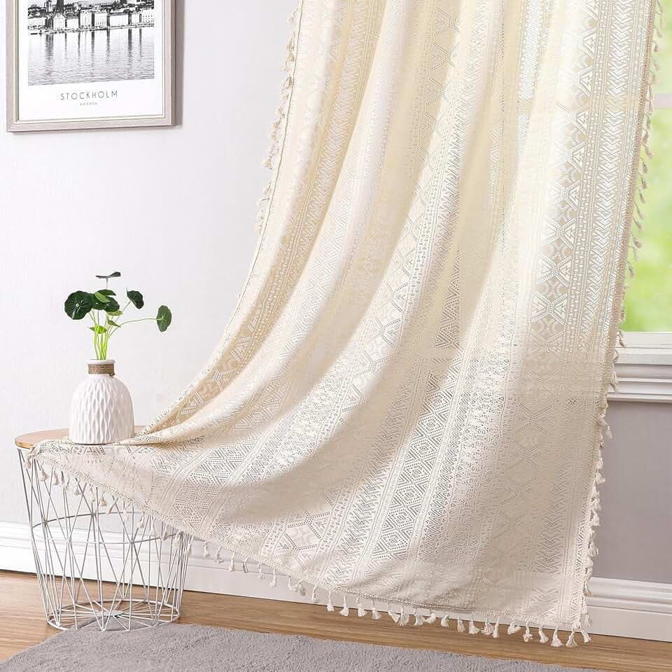 Beige Boho Sheer Lace Window Curtains with Tassel, 40" Wx72 Lx2