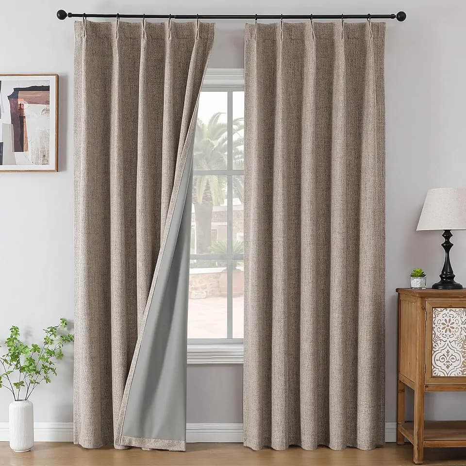 Joydeco Pinch Pleated Linen Curtains 84 Inch Long, 100% Blackout Room Darkening Drapes for Bedroom & Living Room, Thermal Insulated Black Out Back Tab Curtain with Hooks, 2 Panels