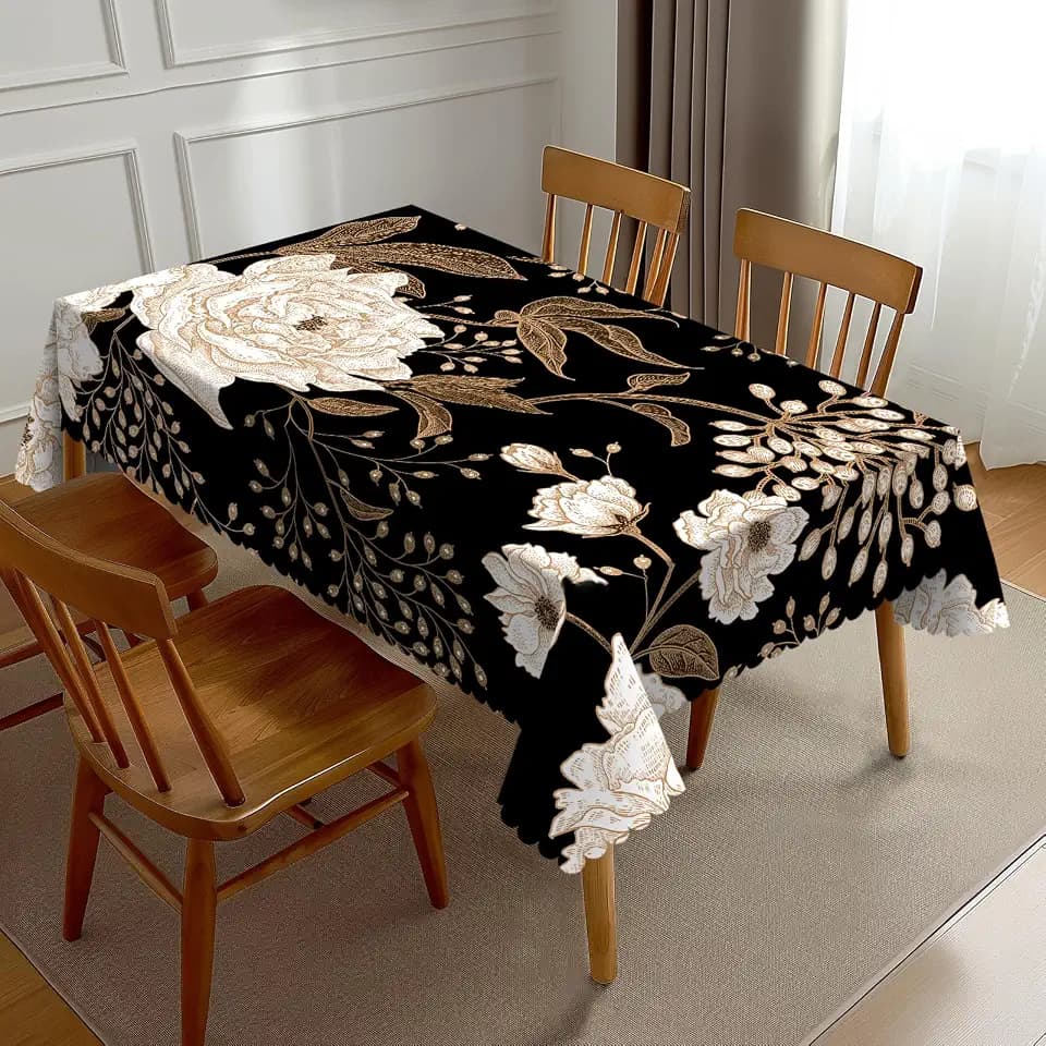 Vintage Peony Tablecloth Beige Gold Floral Leave Rustic Black Table Cloth Rectangle Table Cover Kitchen Decorations for Home Dinner Party 54 x 72 Inch