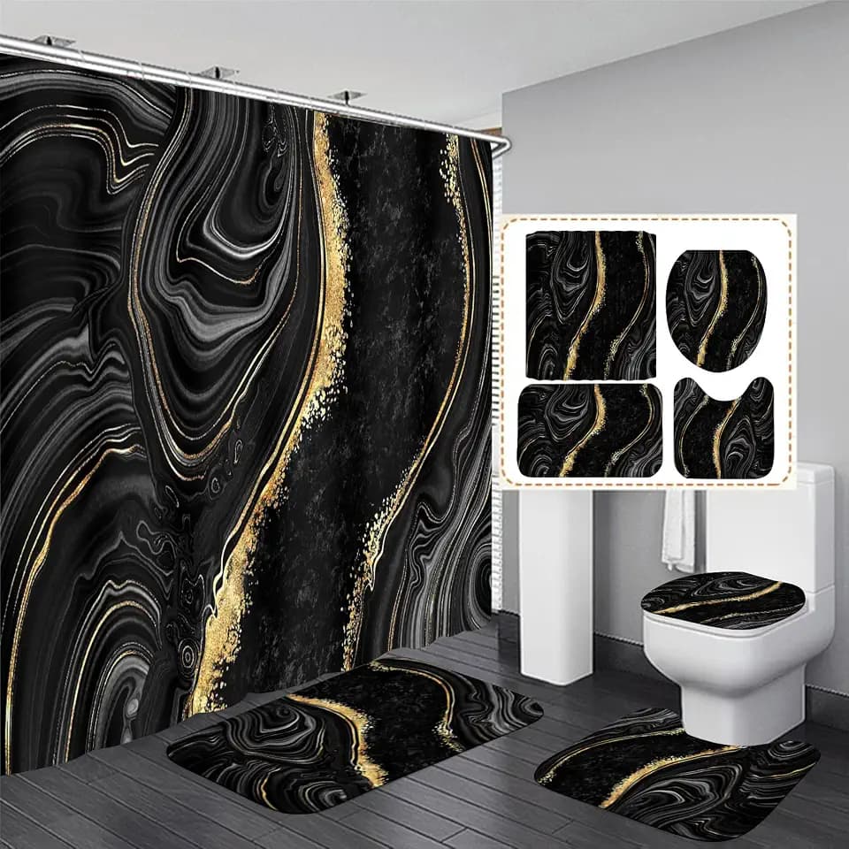 Nkzply 4 Pcs Black Marble Shower Curtain Sets with Rugs Gold Bathroom Set