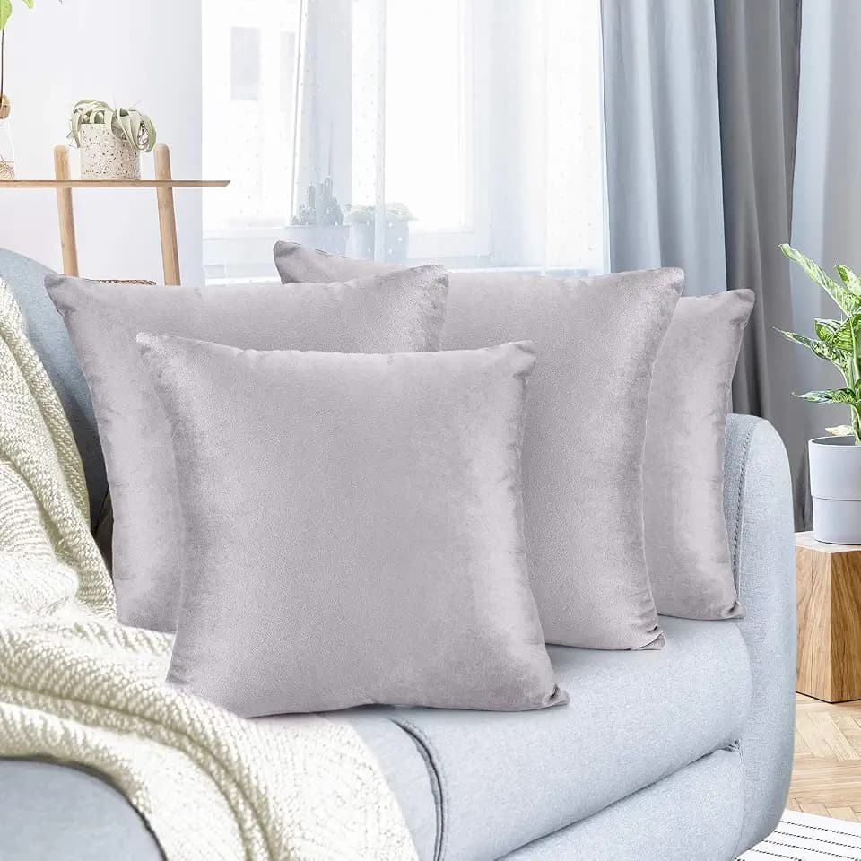 Nestl Throw Pillow Covers, Cozy Velvet Decorative Outdoor Pillow Covers 18X18 Inches, Soft Solid Cushion Covers for Sofa, Bed and Car, Set of 4 - Light Gray Lavender