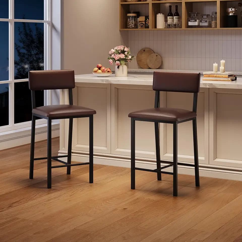 GAOMON Set of 2 Counter Height Bar Stools - 400 lbs Heavy-Duty Metal Frame - Ergonomic PU Leather Upholstered Seat with Backrest & Footrest - Easy to Clean - Ideal for Kitchen Island, Home Bar, Dining