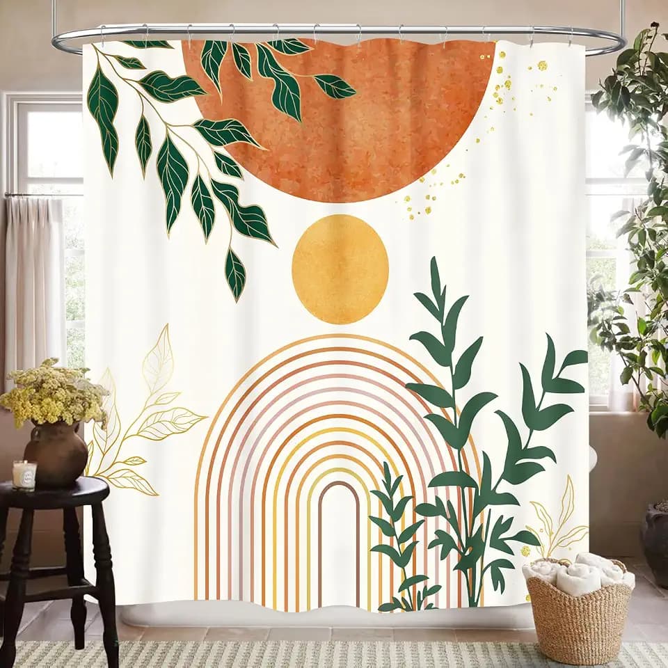 Mid Century Shower Curtain, Boho Aesthetic Modern Green Tropical Palm Leaves Minimalist Arch Bohemian Abstract Waterproof Fabric Bathroom Shower Curtain Set with Hooks, 72"x72"