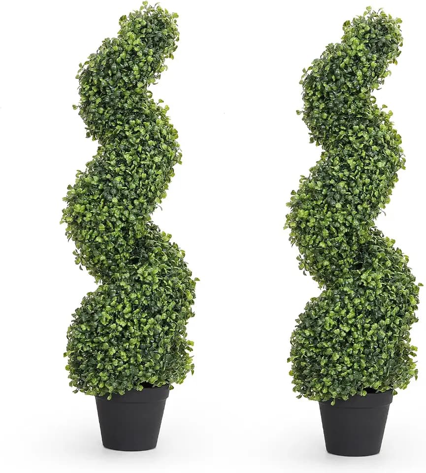 3ft Spiral Artificial Boxwood Topiary Trees Outdoor Set of 2
