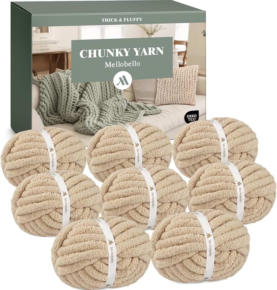 Jumbo Chunky Yarn for Hand Knitting - Super Thick Chenille Chunky Yarn for Crocheting - Extra Soft Bulky Fluffy Blanket Big Yarn 8 Jumbo Pack (27yds,8 oz Each Skein) Khaki