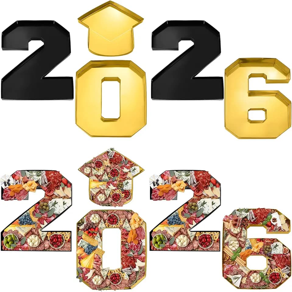 Tellingyou 5 Pcs 14.6" 2026 Graduation Charcuterie Number Fillable Cardboard Box Food Tray for Graduation Party Number Grad Hat Fillable Tray Chocolate Candy Party Supplies(Black and Gold)