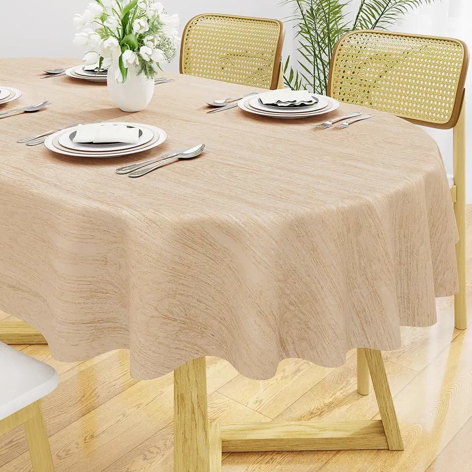 Smiry Oval Table Cloth, Waterproof Vinyl Tablecloths with Flannel Backing, Wipeable Spillproof Plastic Wood Grain Table Cover for Dining, Indoor and Outdoor (Beige, 60"x84")