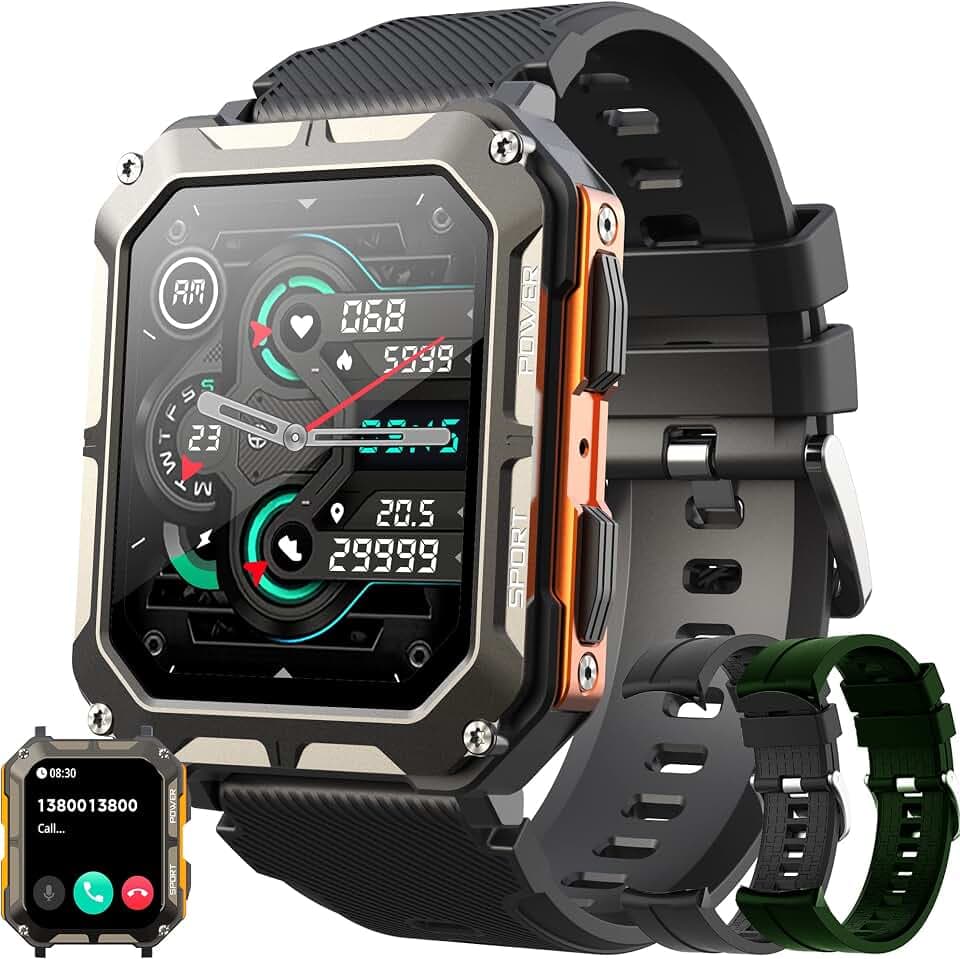 Smartwatch Herren mit Telefonfunktion, 1,81" Touchscreen 5ATM Wasserdicht Sportuhr mit Blutdruckmessung, Herzfrequenz, Schrittzähler, 123 Sportmodi Militärische Fitnessuhr für iOS Android (Orange)