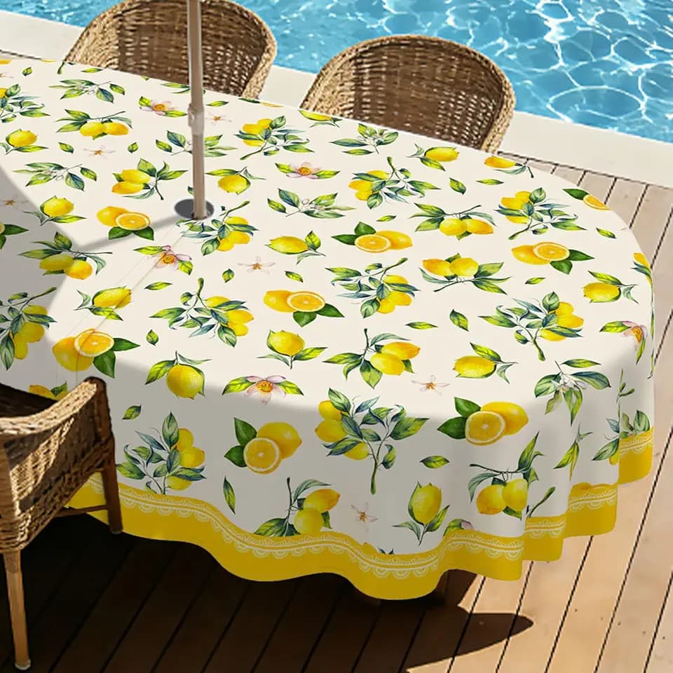 Lemon Outdoor Oval Tablecloth with Umbrella Hole 60" x 84" Waterproof Zipper Table Cloth for Patio Table - Ideal Tablecloths for Picnics, Camping, and Yard Use