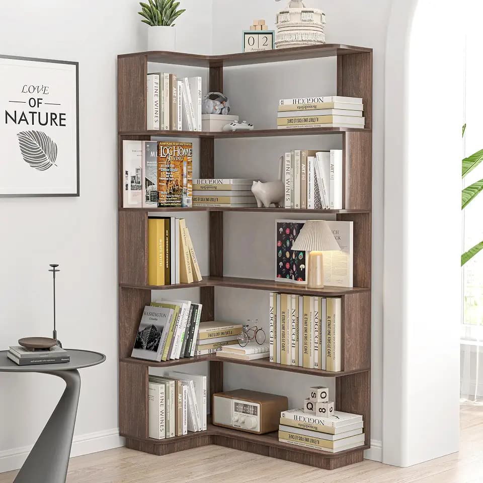 GDFStudio 65" Tall L-Shaped Corner Bookshelf, 6-Tier Freestanding Corner Shelf Bookcase with Anti-Drop Panel, Wooden Open Back Display Shelves Organizer for Living Room, Dark Brown (Long Right)