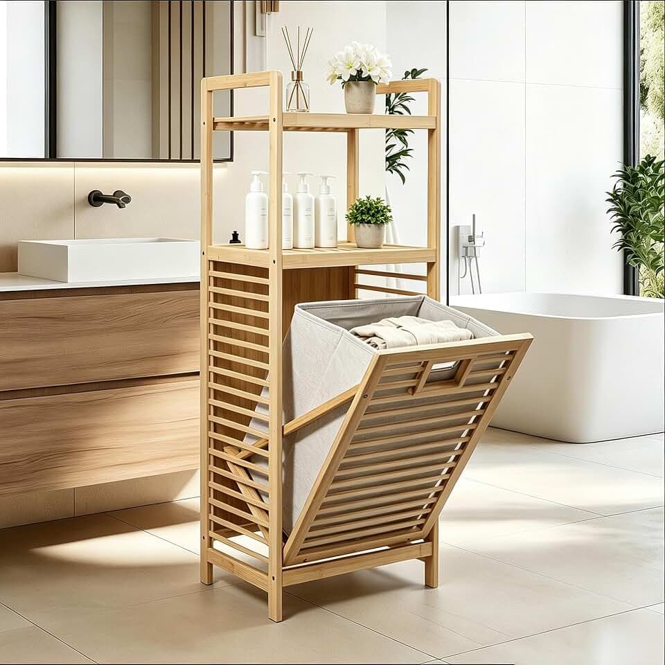 Bamboo Hamper with Shelf & Tilt-Out Basket, Laundry Storage Organizer