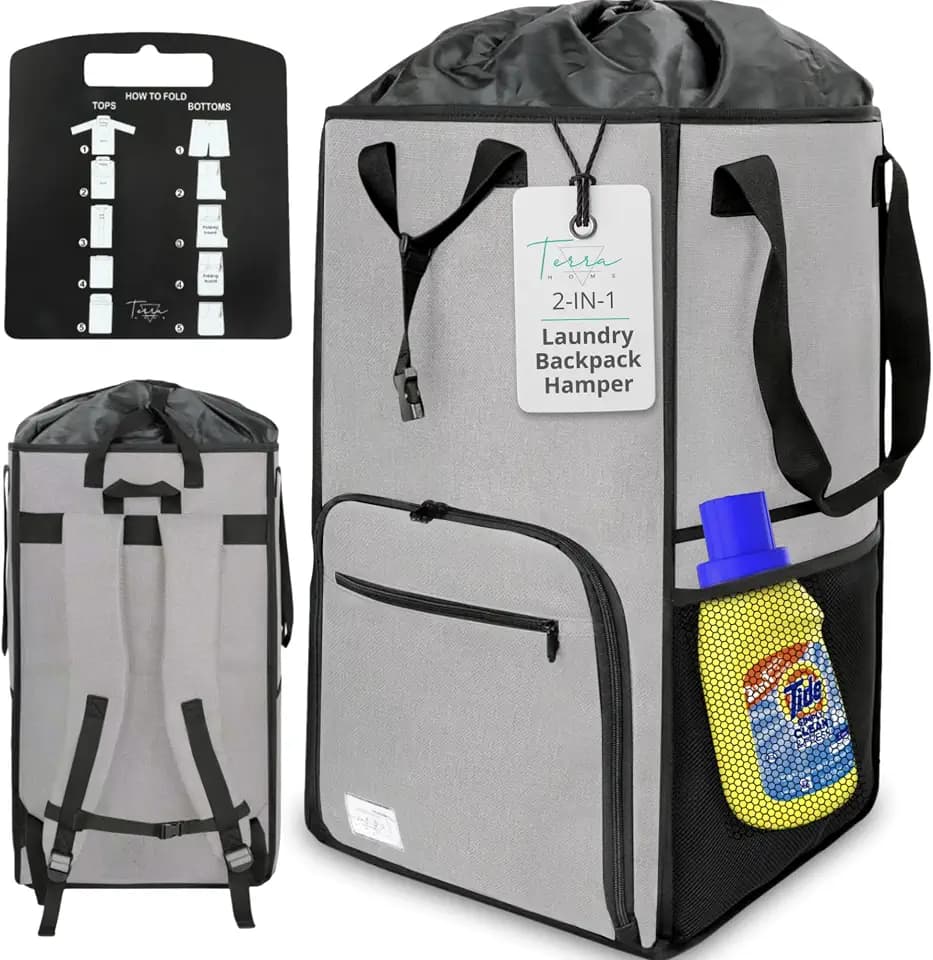 Terra Home Portable Extra Large Laundry Bag, College Dorms Apartment Essentials with Chest Strap, Shirt Folding Board Collapsible Foldable Laundry Bag, Clothes Hamper College Student Gifts (Grey)