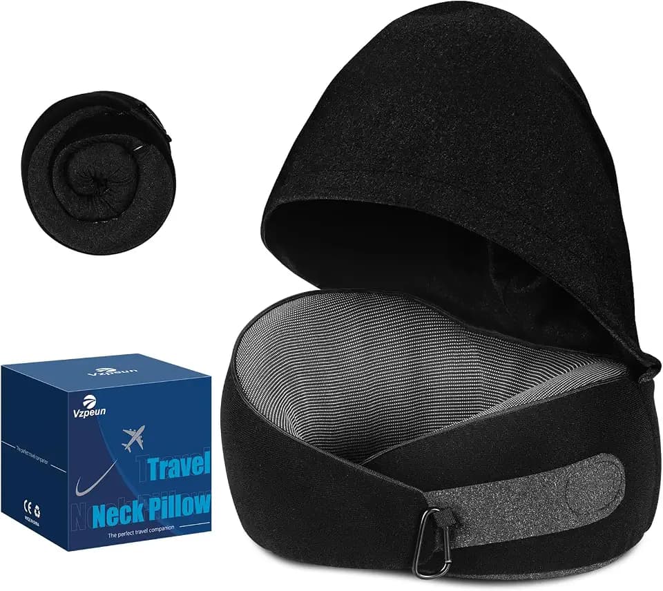 Travel Pillow for Airplane, Hooded Memory Foam Neck Pillow for Sleeping