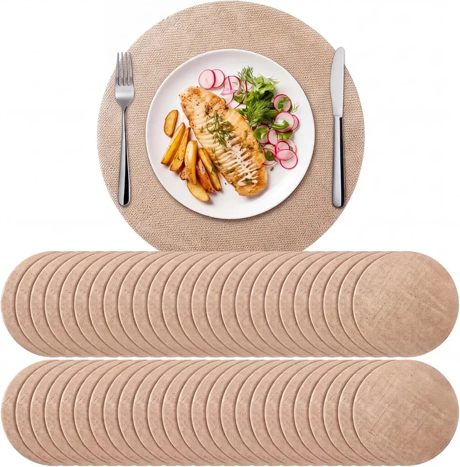 Yunlly Set of 48 Burlap Placemats Bulk 15 in Round Woven Placemat, Brown