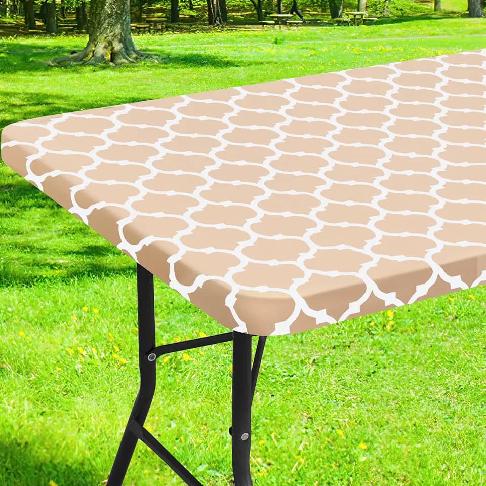 Smiry Picnic Fitted Table Cover, 8 Foot Flannel Backed Vinyl Tablecloth