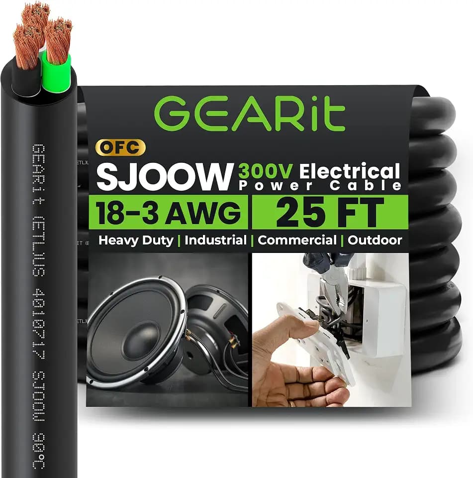 GEARit 25ft 18/3 SJOOW Portable Cord, 18 AWG 3 Conductor 300V Flexible Electrical Cable, Flexible Stranded Copper Power Wire for Portable Lights, Battery Chargers, Control Wiring, Small Tools