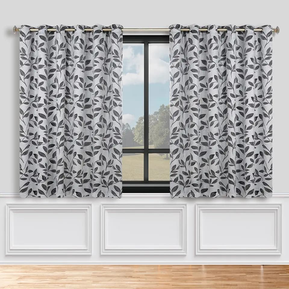 SUPERIOR Semi Blackout Curtains - Modern Leaves - 70" x 63" - Grommet Header - Thermal Insulated, Sun Blocking & Room Darkening Drapes for Bedroom, Living Room - Set of 2 Panels - Silver Black