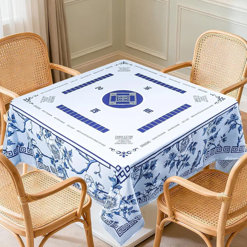 55"x55" Mahjong Tablecloth Card Table Mat(Blue, Floral)
