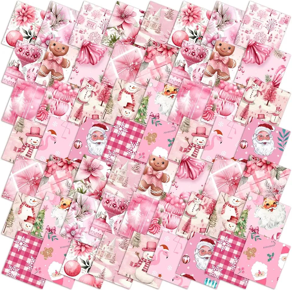 Oudain 60 Pcs 10 x 10 Inch Pink Christmas Winter Quilting Fabric Squares