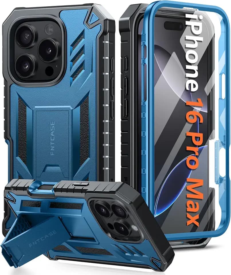FNTCASE for iPhone 16 Pro Max Case, Built-in Screen Protector, Kickstand
