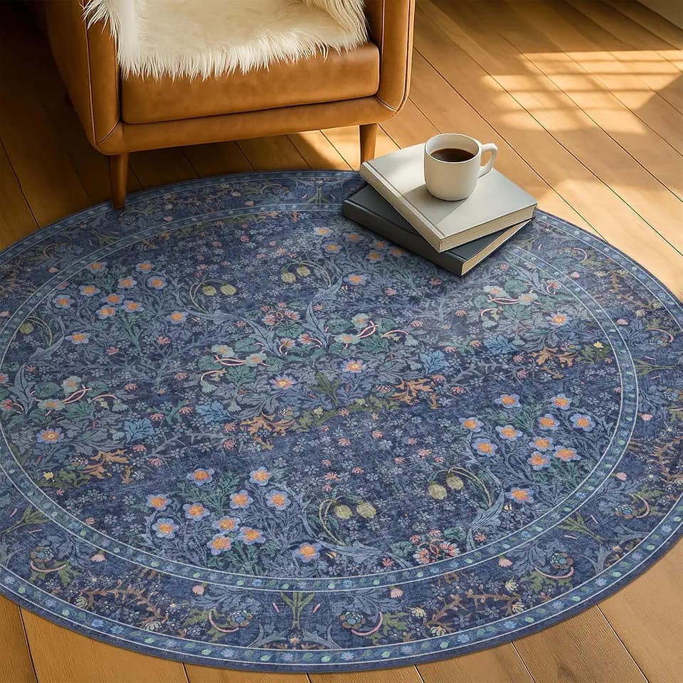 Washable 4ft Dark Blue Boho Rugs for Living Room, Non Slip Stain Resistant Floral Round Kitchen Rug, Low Pile & Soft Bedroom Carpet, Vintage Forest Floral Design, Oriental Home Décor