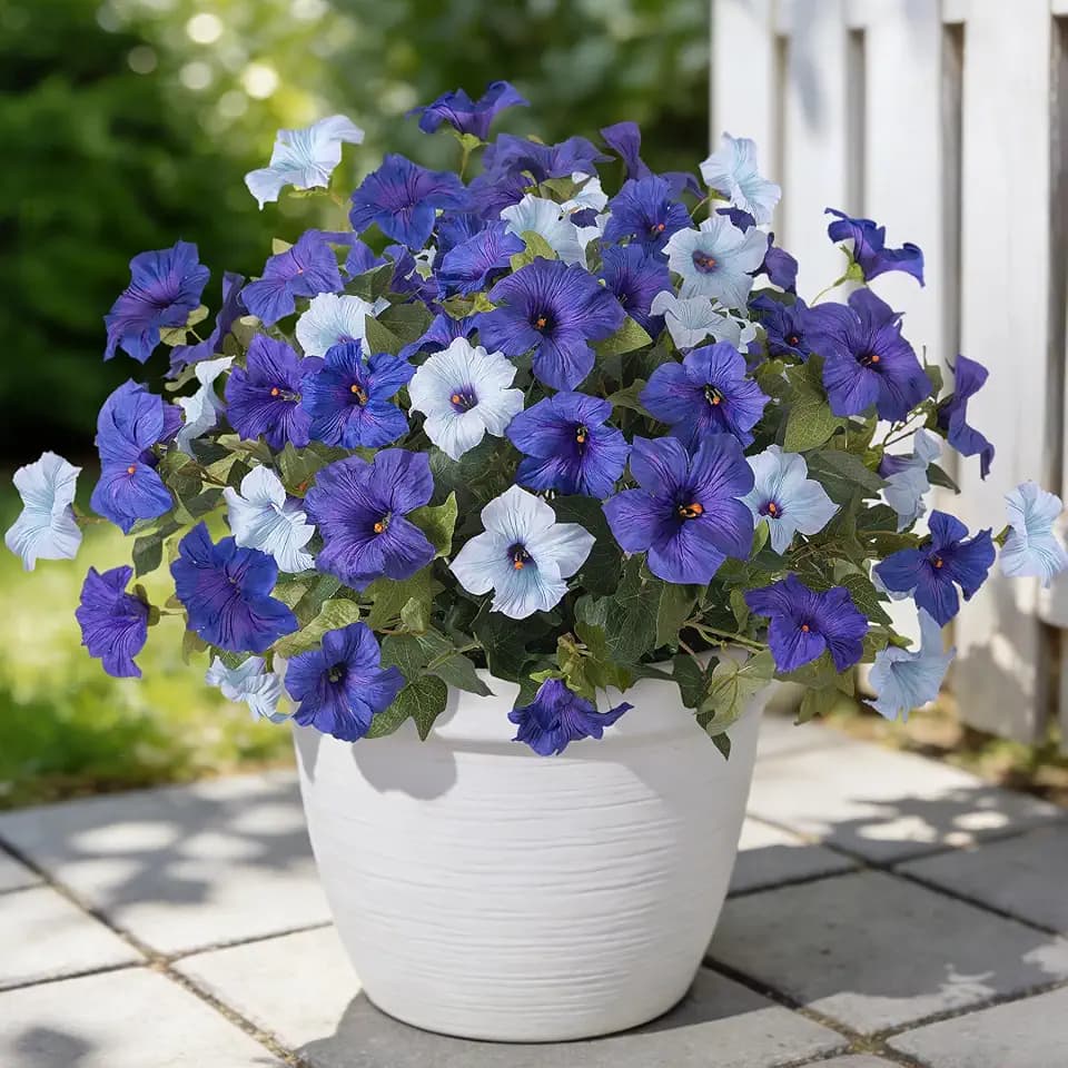 Ammyoo 6 Pcs Artificial Flowers Fake Petunias for Outdoors, Faux Flowers for Outdoor Planter, UV Resistant Realistic Fake Plants for Outside No Fade for Garden Porch Patio Indoor Room Decor(Blue)