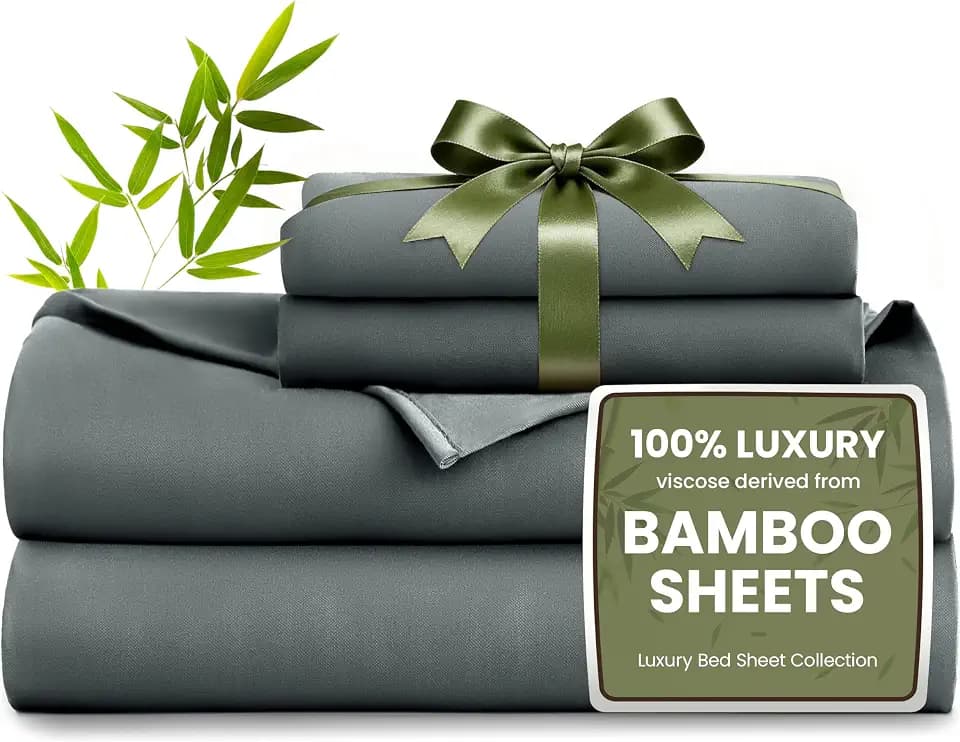 Love's cabin 4 Piece Full Size Sheet Set, 100% Rayon Derived from Bamboo, Cooling & Breathable, Soft Silky Deep Pocket up to 16", Hotel Luxury Bedding for Hot Sleepers, Dark Grey