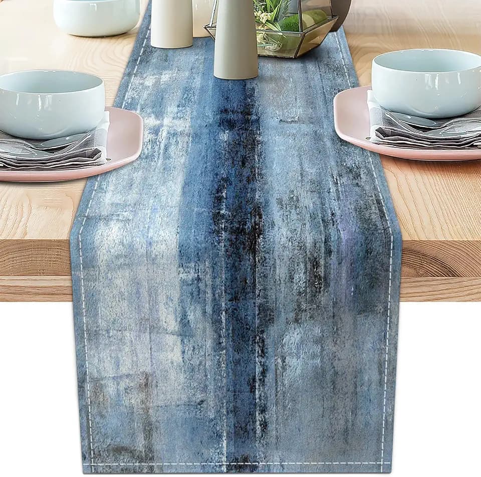 Blue Grey Long Table Runners Modern Art Farmhouse Linen Table Runners Dresser Scarves Retro Rustic Style for Party Kitchen Dining Table Coffee Holiday Party Decor (13"x108")