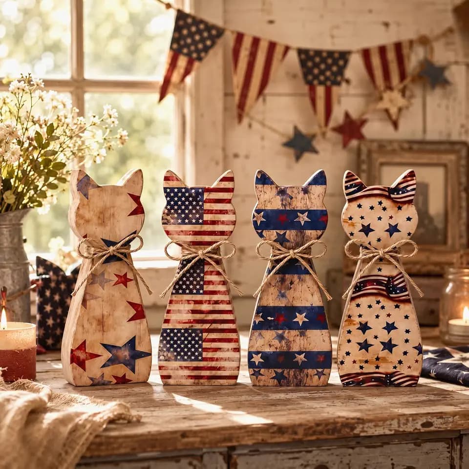 RattanView 4 Pcs 4th of July Table Decorations Vintage Patriotic Wooden American Cat Sign Memorial Day Tiered Tray Decor Cute Kitten Desktop Decoration for 250th Anniversary Home Office Shelf