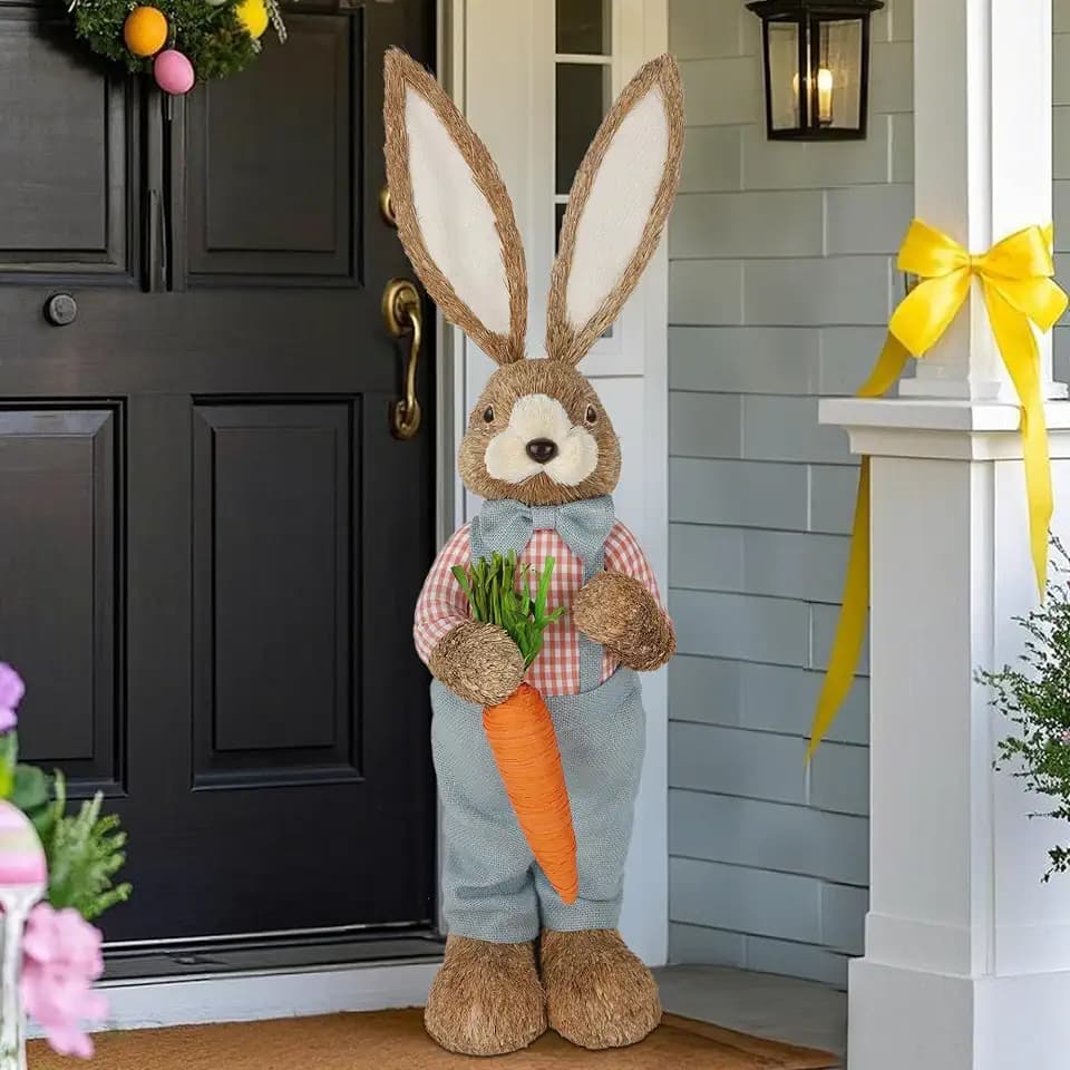 DR.DUDU 2.7FT Large Easter Bunny Decor – Outdoor Easter Decorations for Porch & Home, Straw Standing Rabbit Statue with Carrots, Farmhouse Spring Decor, Entryways Photo Props (Boy)