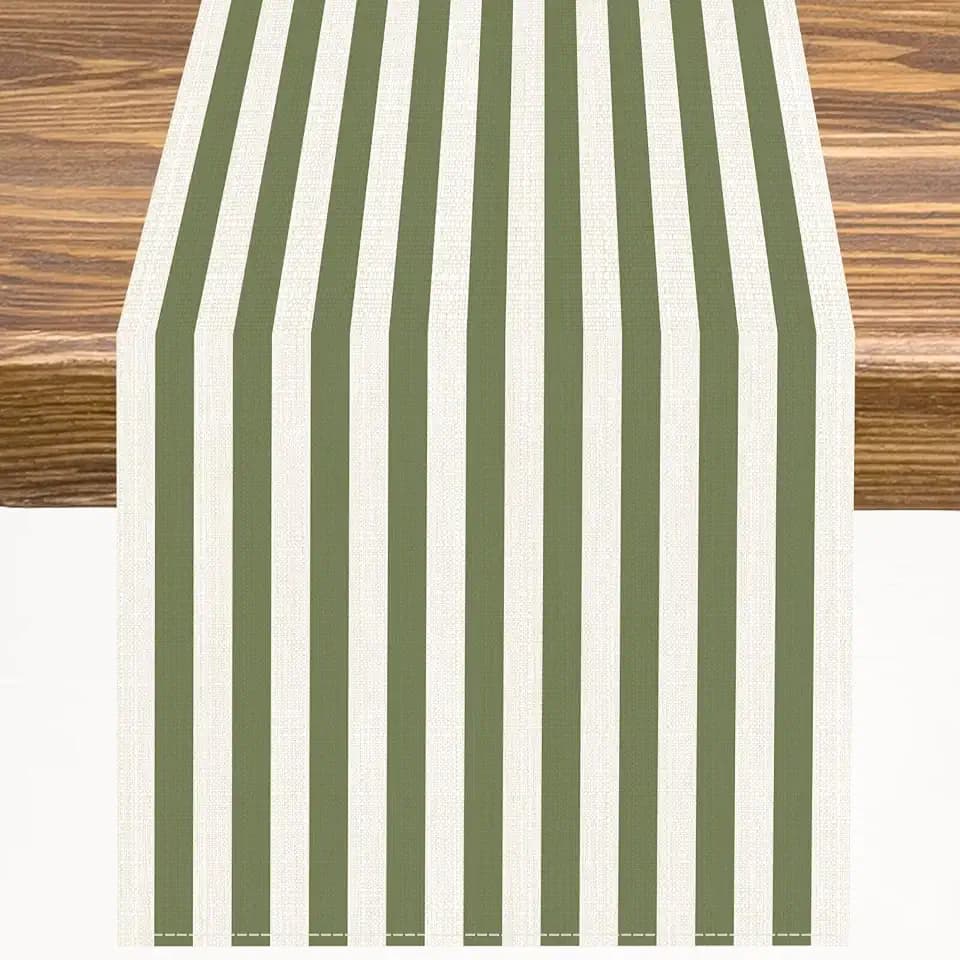 Sage Green and White Striped Table Runner Vertical Stripe Modern Farmhouse Geometric Kitchen Dinner Runner for Indoor Home Living Room Party Dining Table Decoration 13"x90"