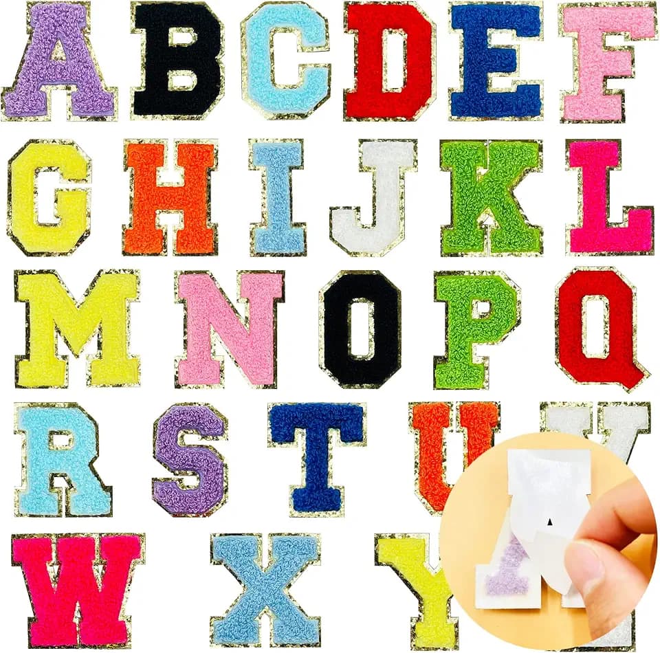 Jongdari Chenille Letter Patches Self-Adhesive & Iron-On Letters, 52pcs Varsity Fuzzy Patch Glitter Alphabet - 52pcs, Multicolored