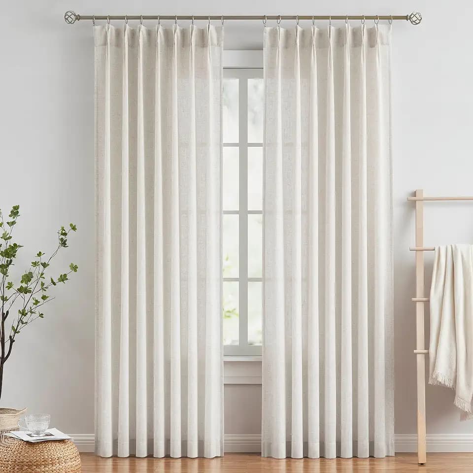 Vision Home Natural Linen Pinch Pleated Semi Sheer Curtains 42Wx102Lx2