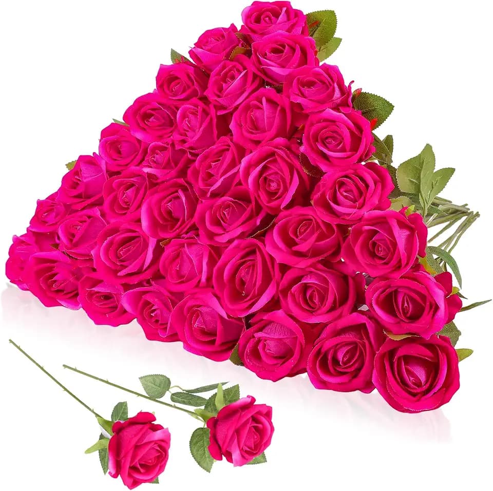 36 Pcs Hot Pink Velvet Texture Artificial Flowers Bridal Bouquet