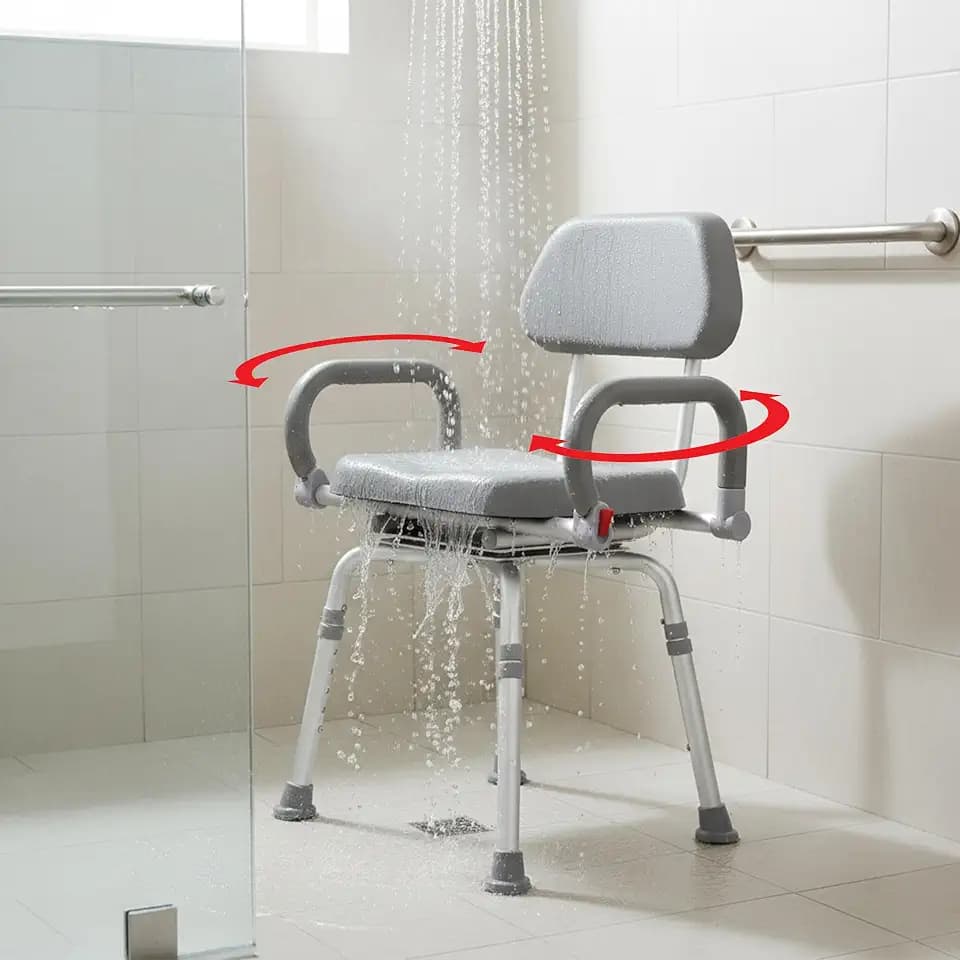 Platinum Health Revolution Pivoting Shower Chair for Bathtub, Adjustable Swivel Seat with Padded Back and Arms, Adjustable Space Saving Design for Tubs, Shower, for Elderly, Handicap & Seniors, Gray