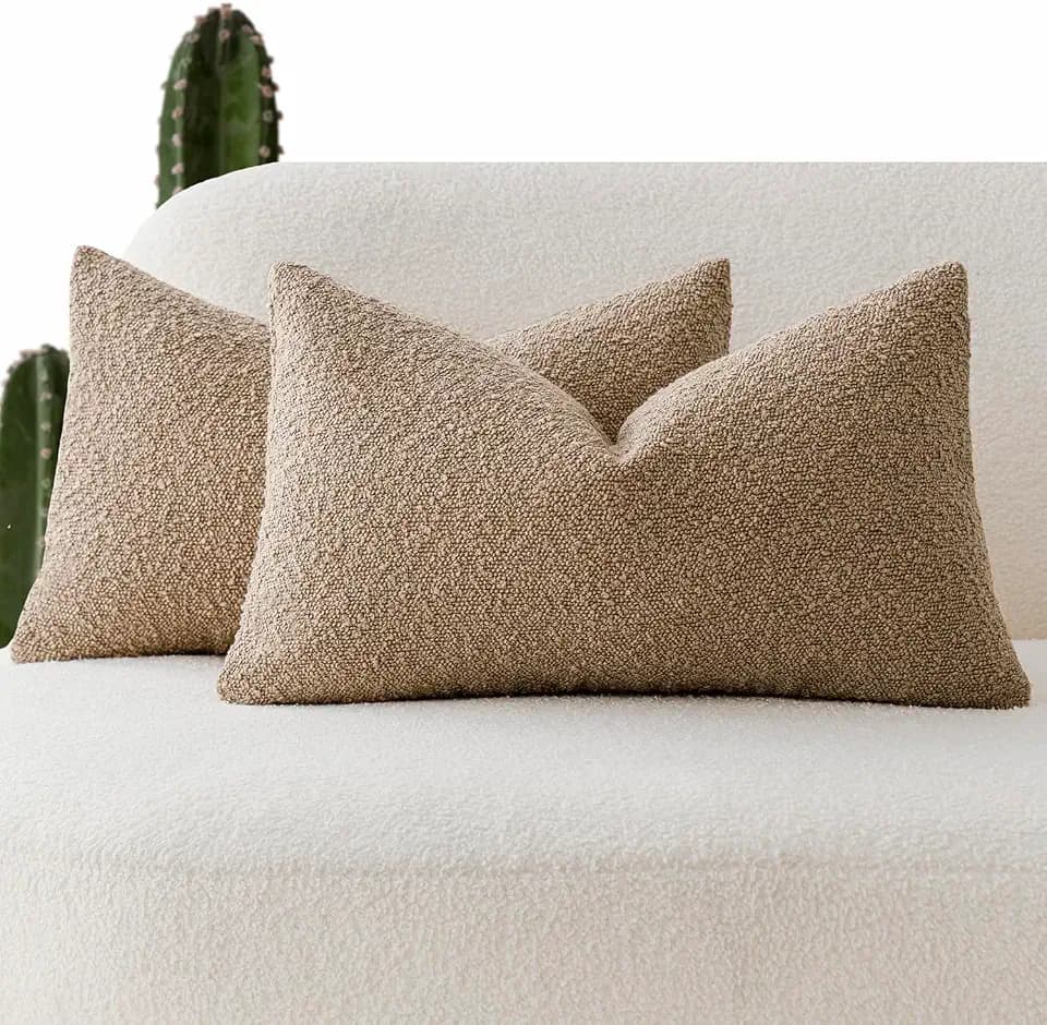 Foindtower Cozy Textured Boucle Lumbar Throw Pillow Covers 12x20 Inch,Camel