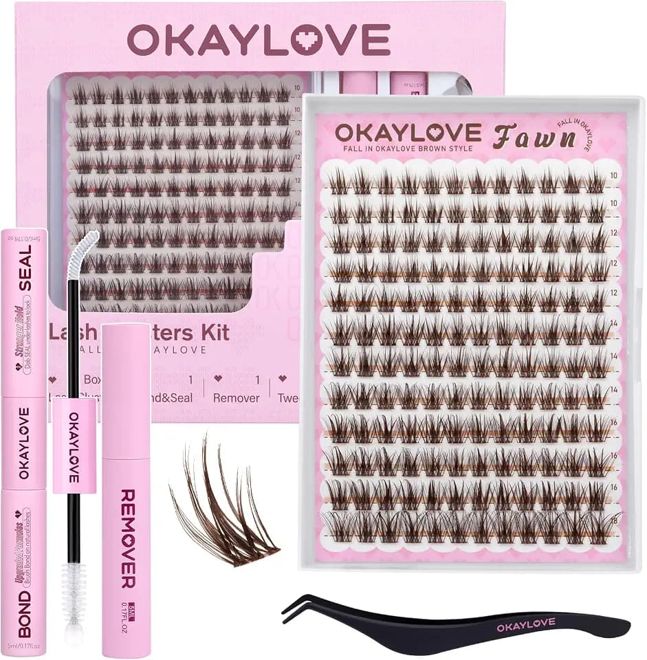 OKAYLOVE Brown Lash Clusters Kit, FAWN 10-18mm Wispy Clusters Lashes Kit Natural Eyelash Clusters Kit, 144pcs CC Curl Eyelashes Extension Kit Individual Lashes with Bond and Seal, Remover, Tweezers