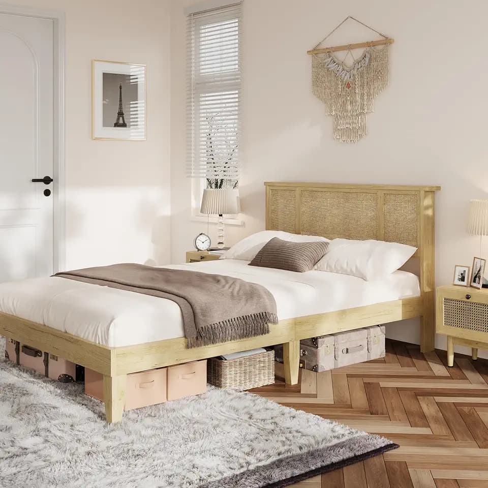 GarveeHome Full Bed Frame with Natural Rattan Headboard, Sturdy Metal Base with Durable Wooden Slats, Boho-Style Cane Mattress Support, No Box Spring Needed