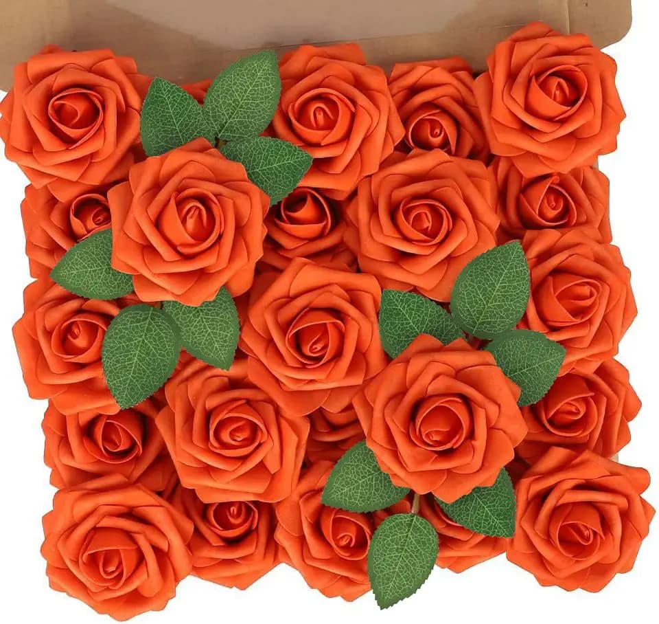 N&T NIETING Artificial Flowers, Fake Flowers Burnt Orange Roses Perfect for DIY Wedding Bridal Bouquets Centerpieces Bridal Shower Party Home Fall Flower Arrangement Decorations, 50Pcs