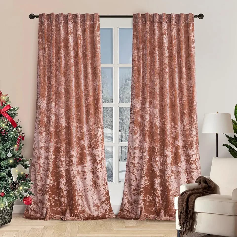 Girls Pink Crushed Velvet Curtains with Back Tab Thermal Insulation Window Treatments Large Window Panels for Living Room Bedroom Office, 2 Panels Set 52" W x 84" L Peachy - Pink