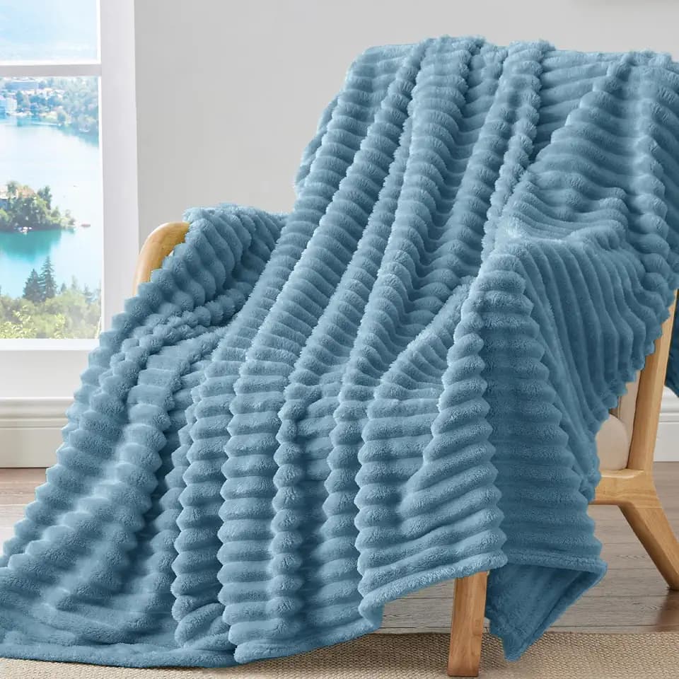 BEDELITE Ribbed Fleece Throw Blanket for Couch, Blue, 50"x70"