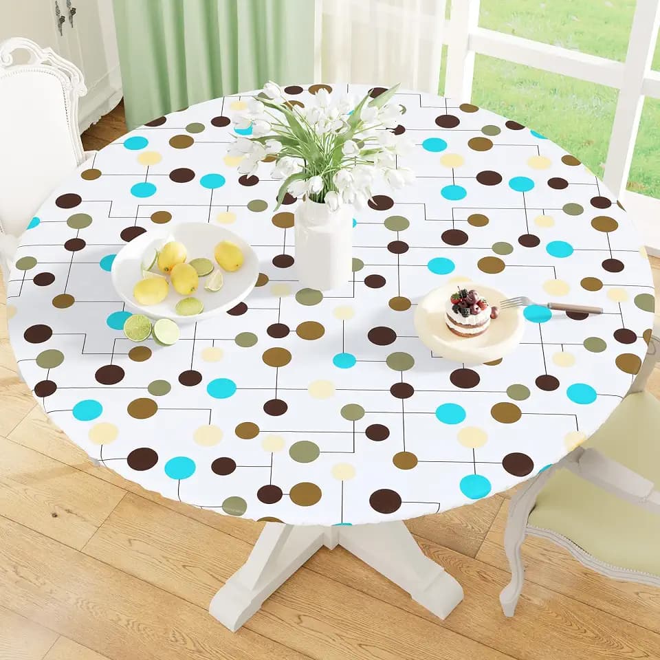 misaya Round Fitted Tablecloth with Elastic Edge, 100% Waterproof Oil Proof Plastic Table Cover, Vinyl Flannel Backed Tablecloth Fits 36"-44" Round Tables for Dinner, Outdoor, Picnic, Colorful Dots