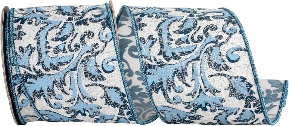Reliant Ribbon Filigree Azul Glittered Deluxe Wired Edge, Blue, 4 Inch, 10 Yards