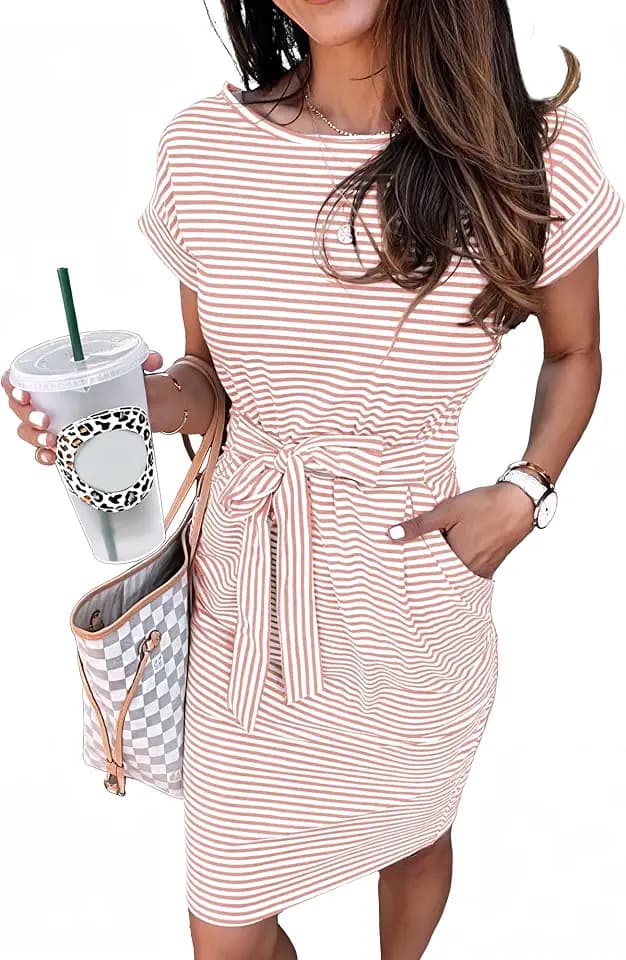 PRETTYGARDEN Women's Summer Short Sleeve Crewneck Striped Dress Basic Solid Tie Waist Office T Shirt Dresses Pockets