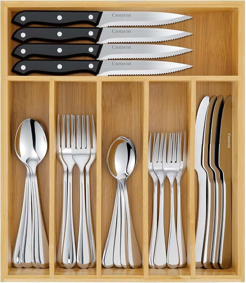49-Piece Silverware Set with Bamboo Organizer,Flatware Utensil Set for 8