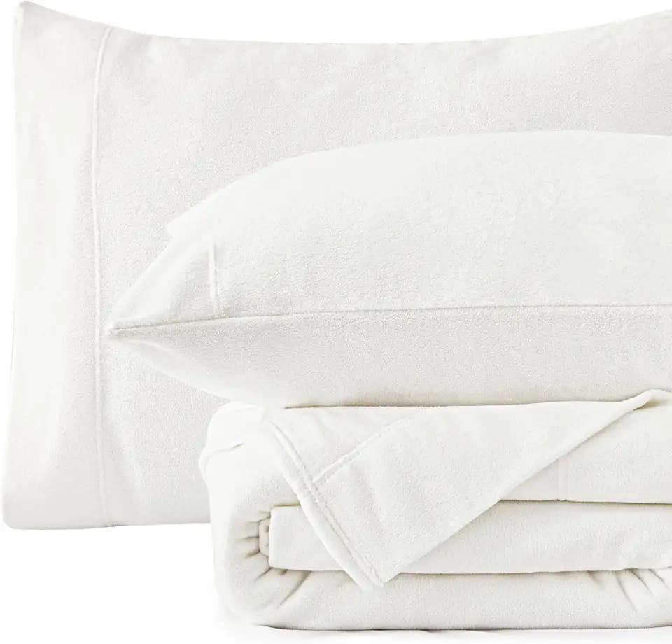 Love's cabin Fleece King Sheet Set - 4 Pcs White Super Soft Plush Polar Fleece Bed Sheets Set with 16" Deep Pocket,Cozy Warmth for Cold Season(1 Flat Sheet,1 Fitted Sheet,2 Pillow Cases)