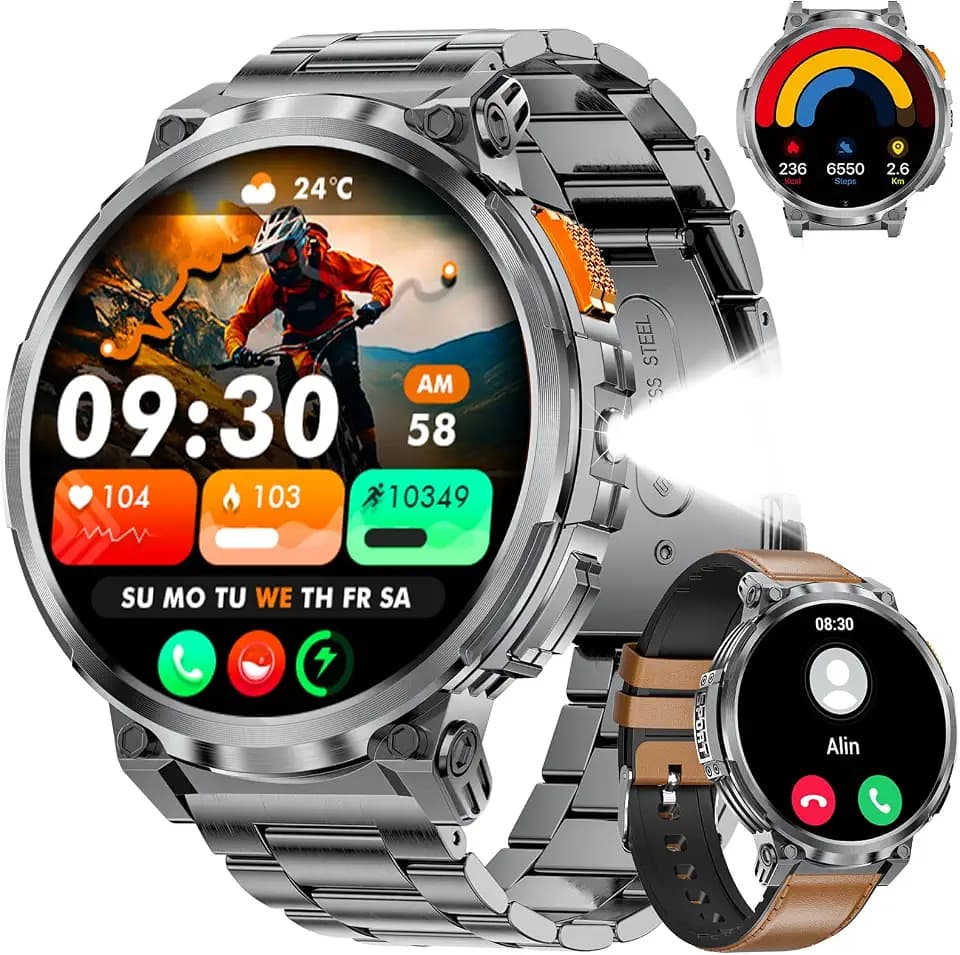 BENYAR SMART Militär Smartwatch Herren, 1.85" HD Großbildschirm, Taschenlampe, Anrufe, 120+ Sportmodi/Schrittzähler/Kalorien Fitnessuhr, Multifunktion Smartwatch für iOS Android, Schwarz Braun