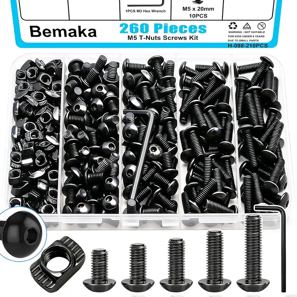 260Pcs M5 T Slot Nuts Screws Kit, Nuts and Bolts Assortment Kit, M5x8/10/12/16/20mm Hexagon Socket Screws for 2020 Series Aluminum Extrusion Profile, Mlok Screw Nut Replacement