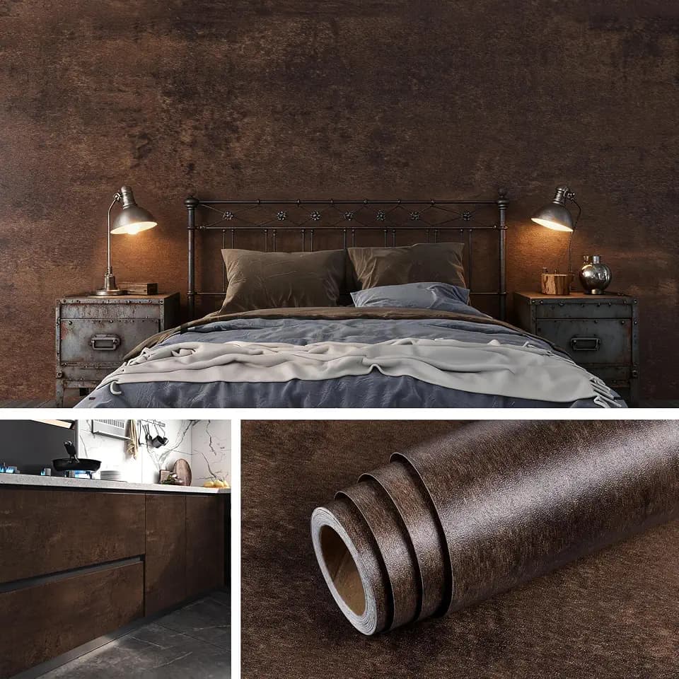 Livelynine 15.8x197 Brown Peel and Stick Wallpaper Prepasted Limewash Concrete Wallpaper Waterproof Rustic Contact Paper for Countertops Kitchen Renter Friendly Dark Wall Paper Bedrooms Living Room