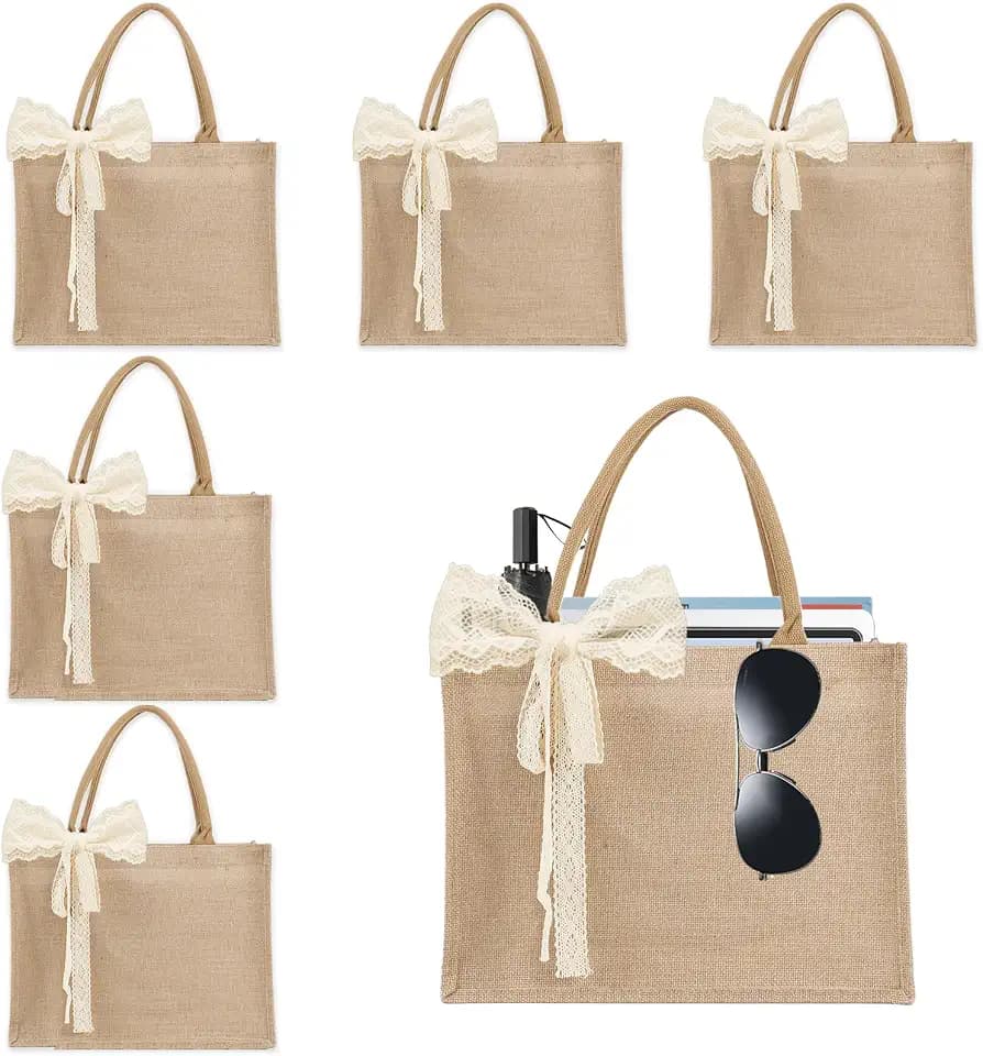 Burlap Tote Bag Set with Ribbon, Reusable Blank Water Resistant Grocery Bags